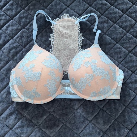 Victoria Secret PINK 32D Bra front closure Padded Push Up Underwired Floral lace - Picture 1 of 6